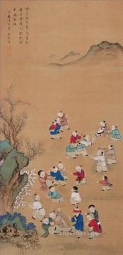 Xiong bingzhen playing kids traditional Chinese Oil Paintings